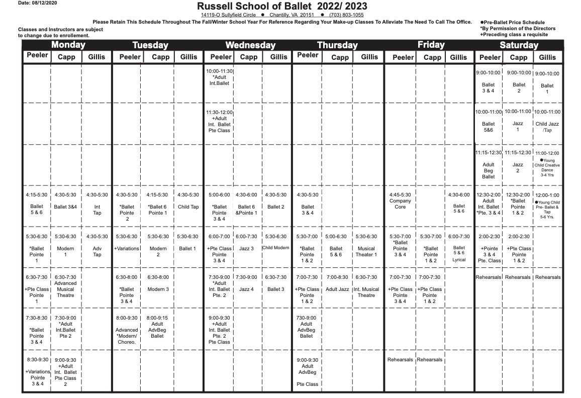 Class Schedule 2022-2023