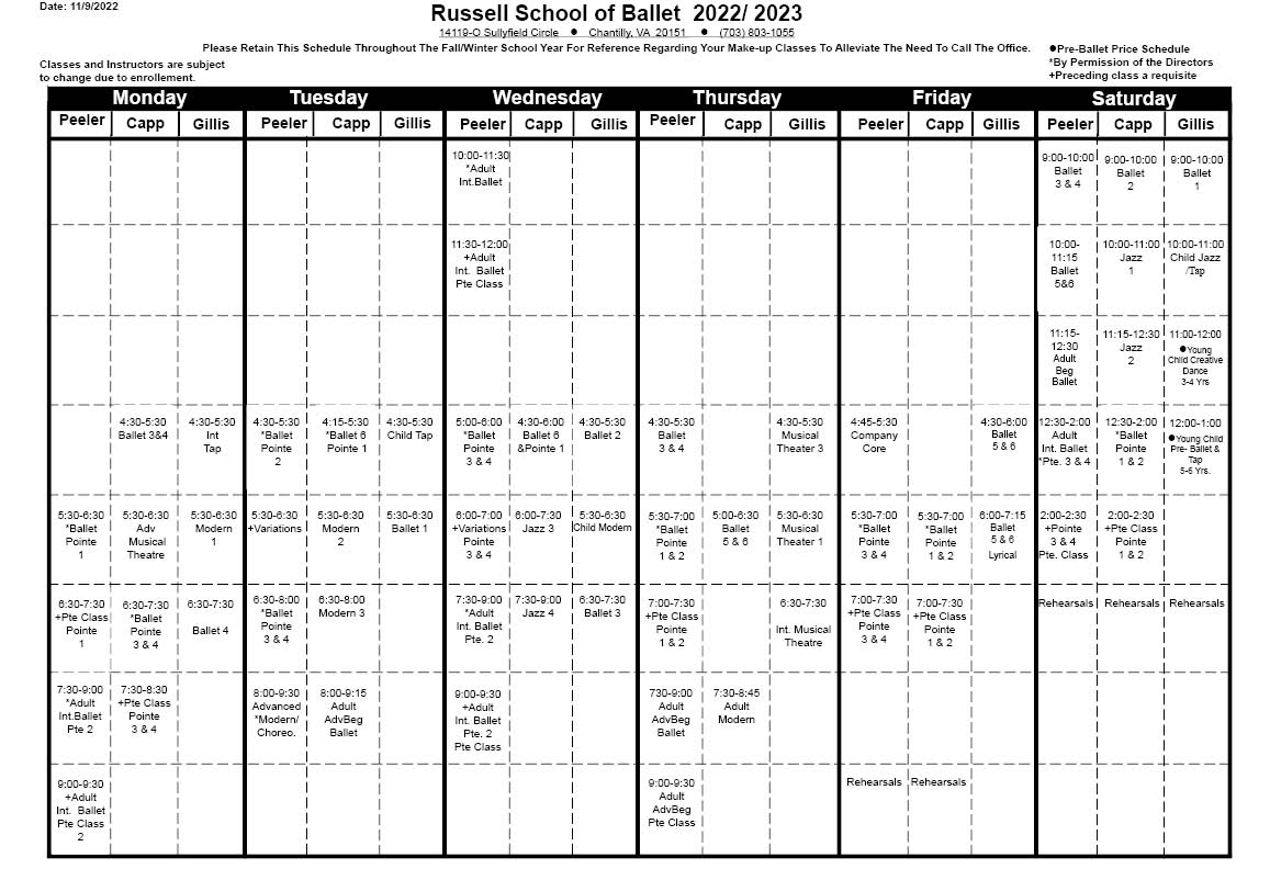 Class Schedule 2022-2023 no names