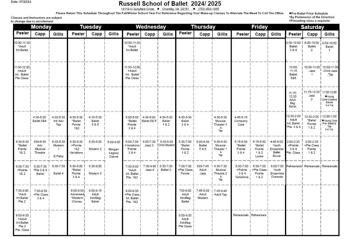 Class Schedule 2024-2025 no names